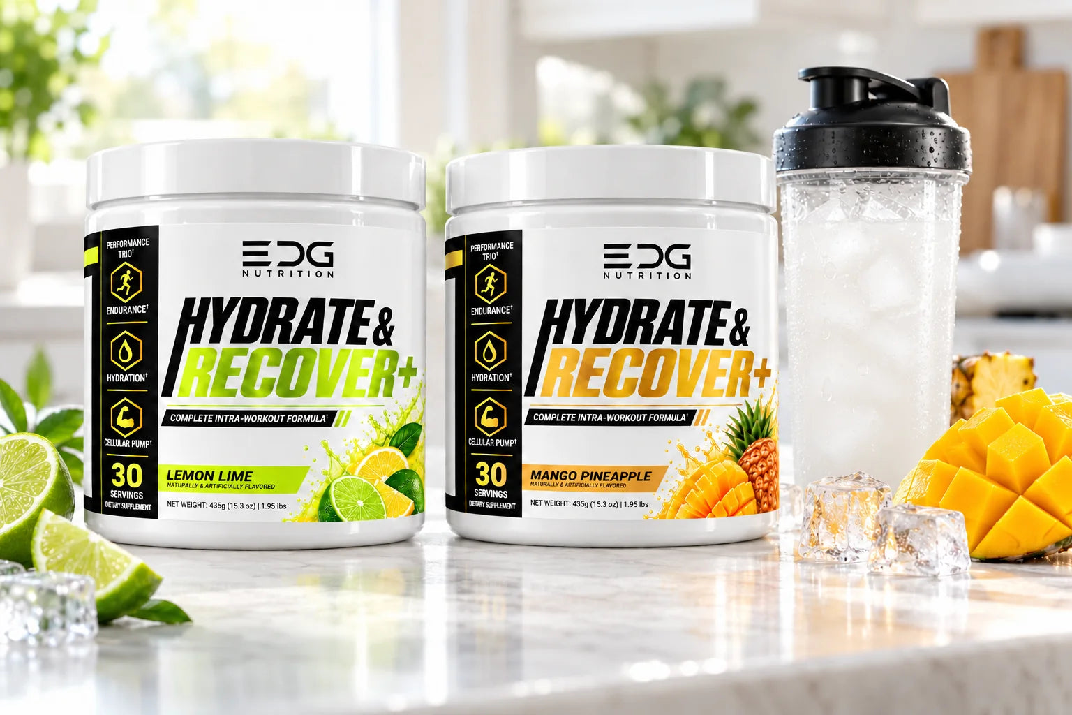 Hydrate & Recover+ in Lemon Lime and Mango Pineapple beside a shaker of the mixed drink