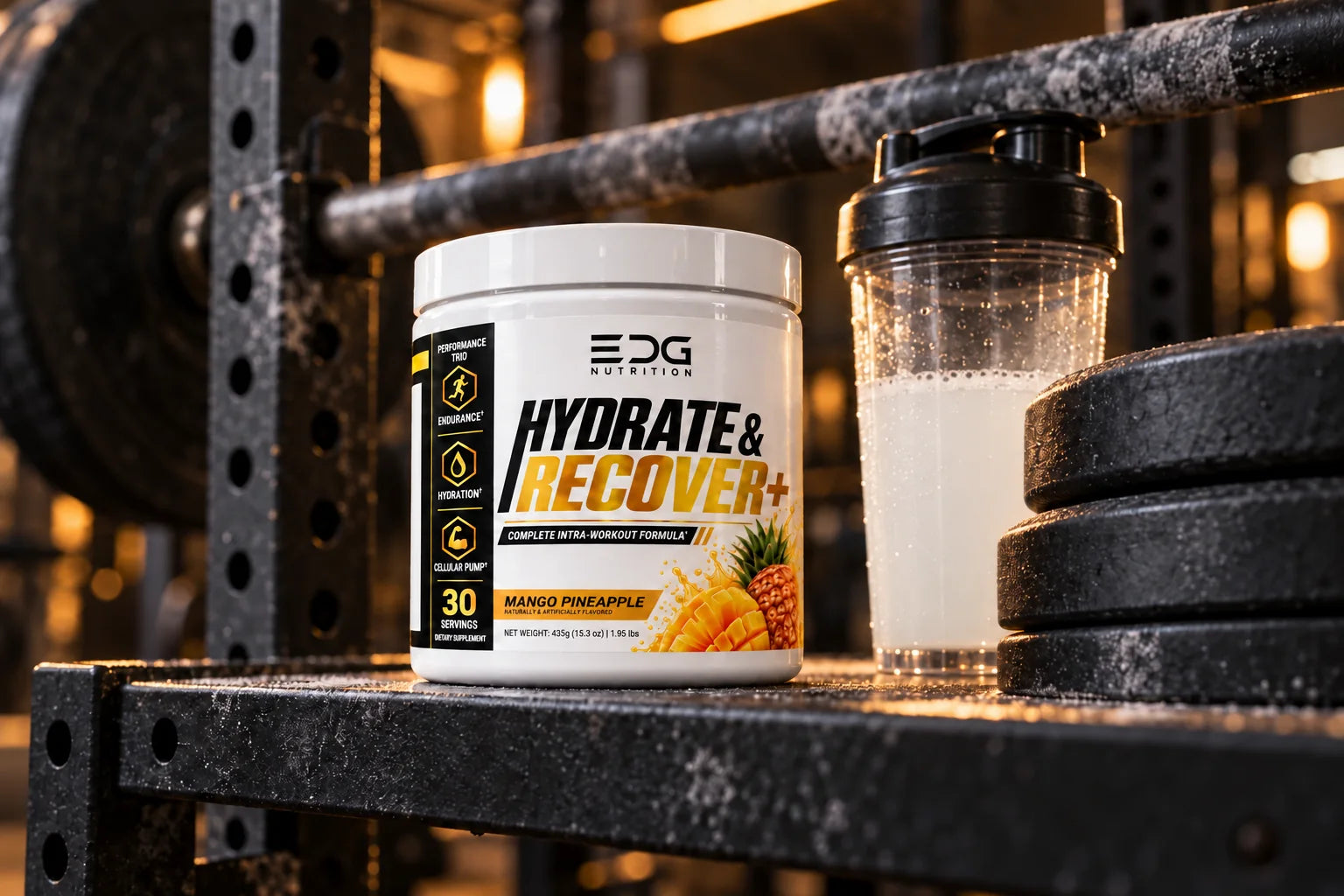 Hydrate & Recover+ Mango Pineapple on the rack with a shaker of the mixed drink