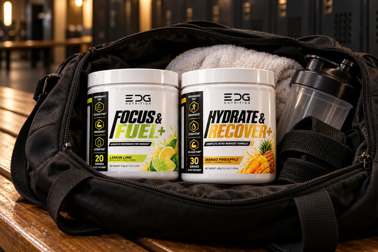 Focus & Fuel+ and Hydrate & Recover+ packed in a gym bag